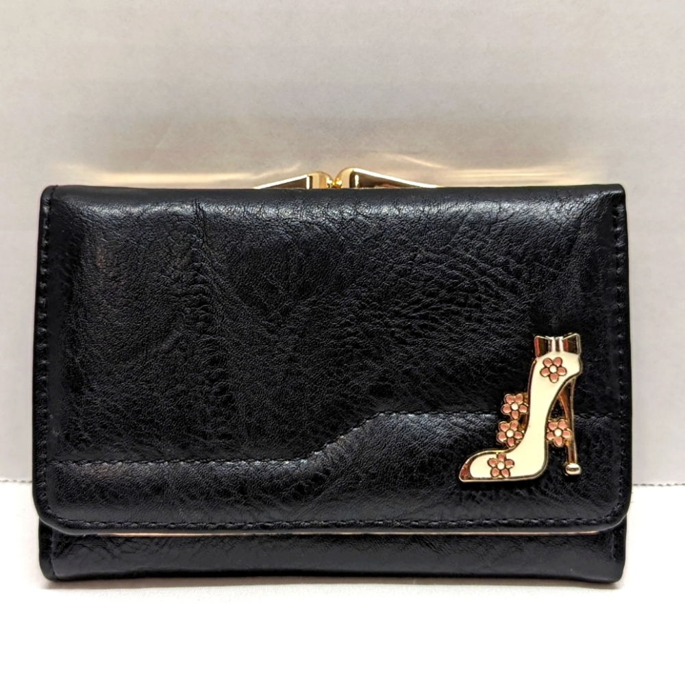 Black & Pink Faux Leather Wallet with White/Gold Heels Adorned with Pink Flowers
